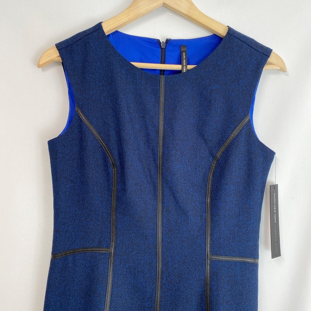 Andrew Mark black faux leather piping detail sheath dress Herringbone blue - Picture 5 of 7